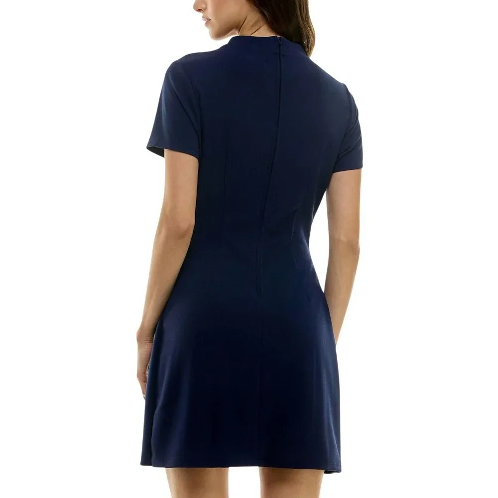 NWT B. Darlin Sleeve Mockneck Fit Flare Faux Pocket Mini Dress Navy Blue 13/14
